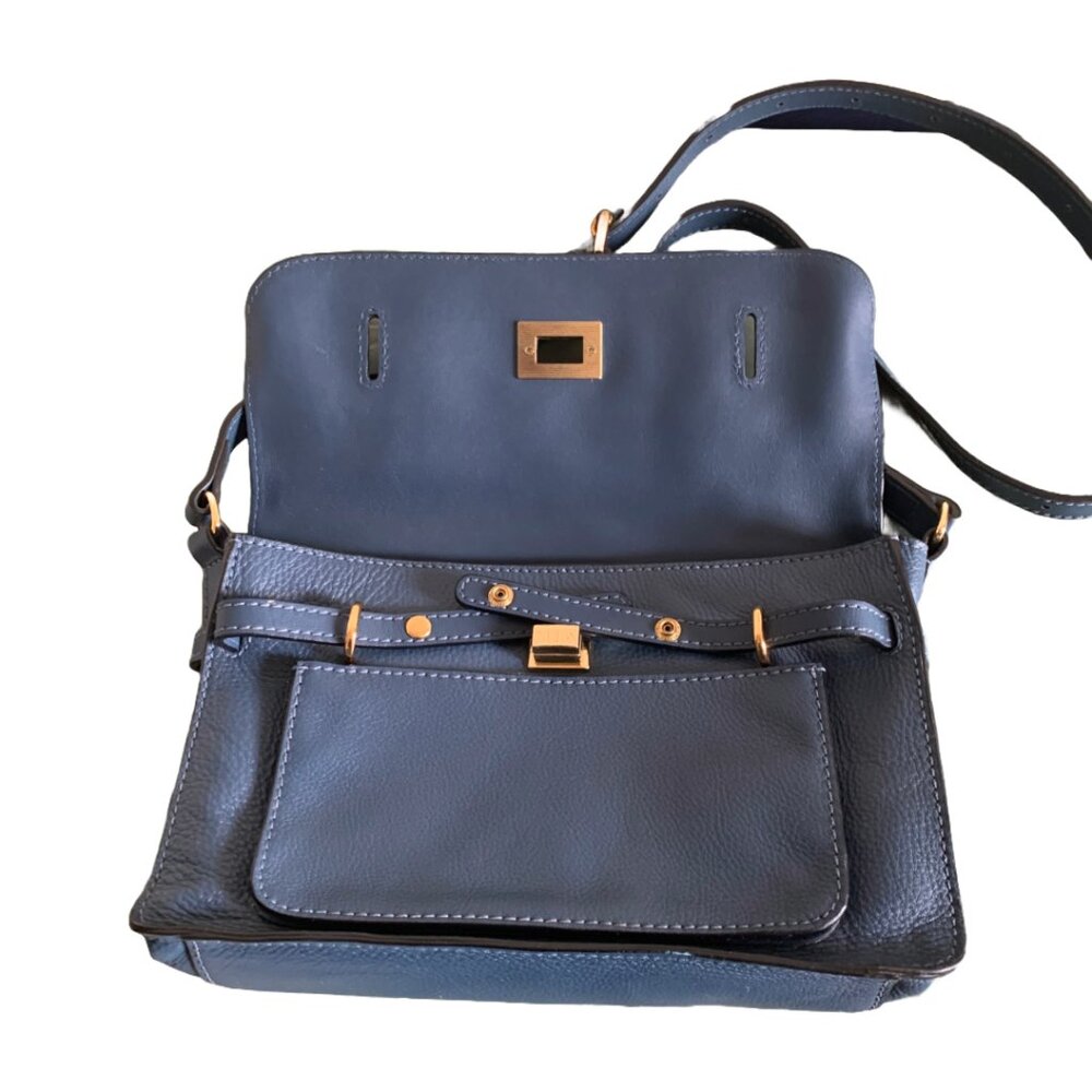 LINEA PELLE Logan Blue Leather Satchel/Messenger Doctor's Crossbody Handbag - Picture 7 of 10